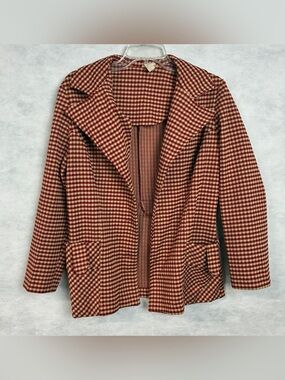 Vintage 70s Unbranded Blazer Jacket Womens Small Houndstooth Red Beige Flaw